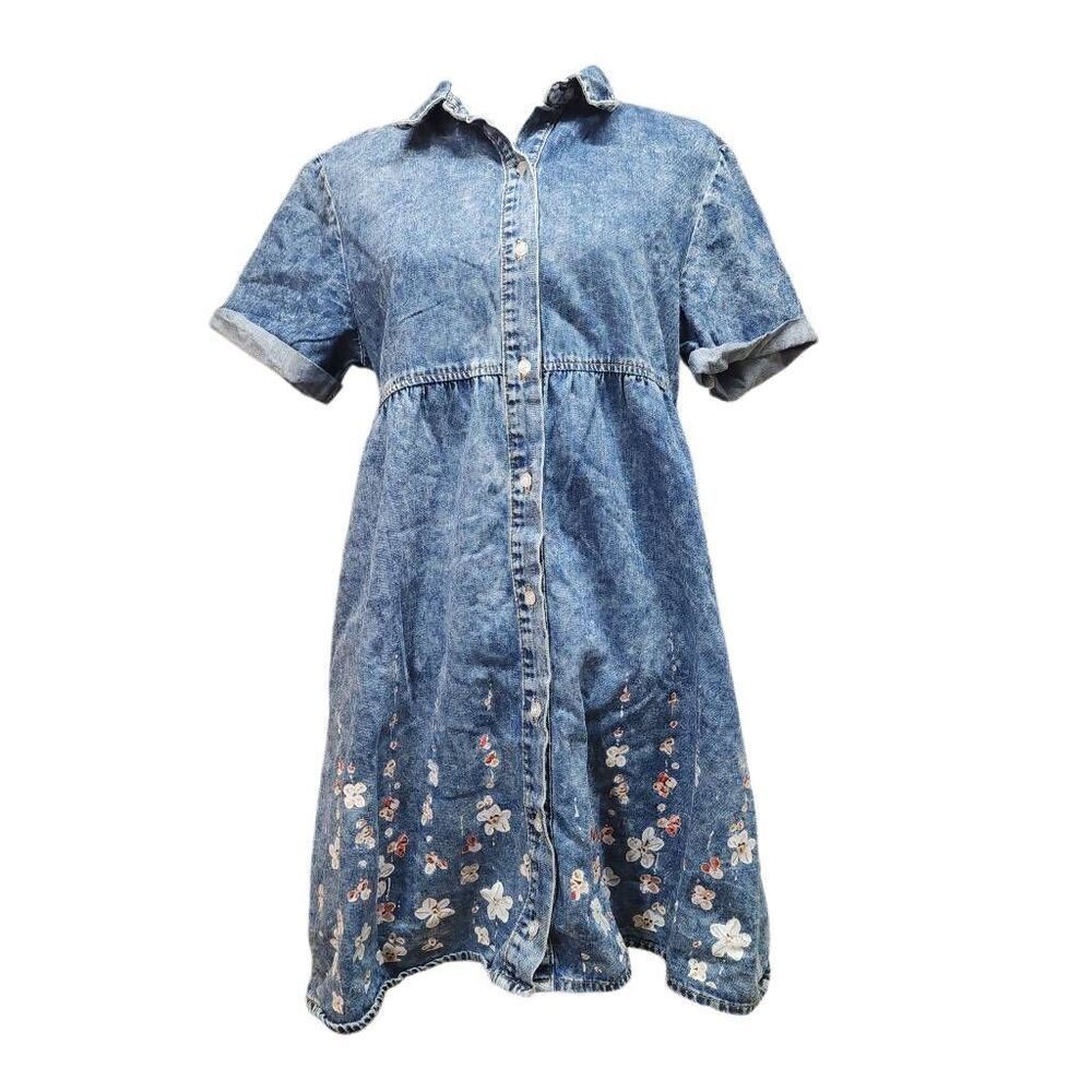Short-Sleeve Blue Denim Mini Dress with Floral Embroidery